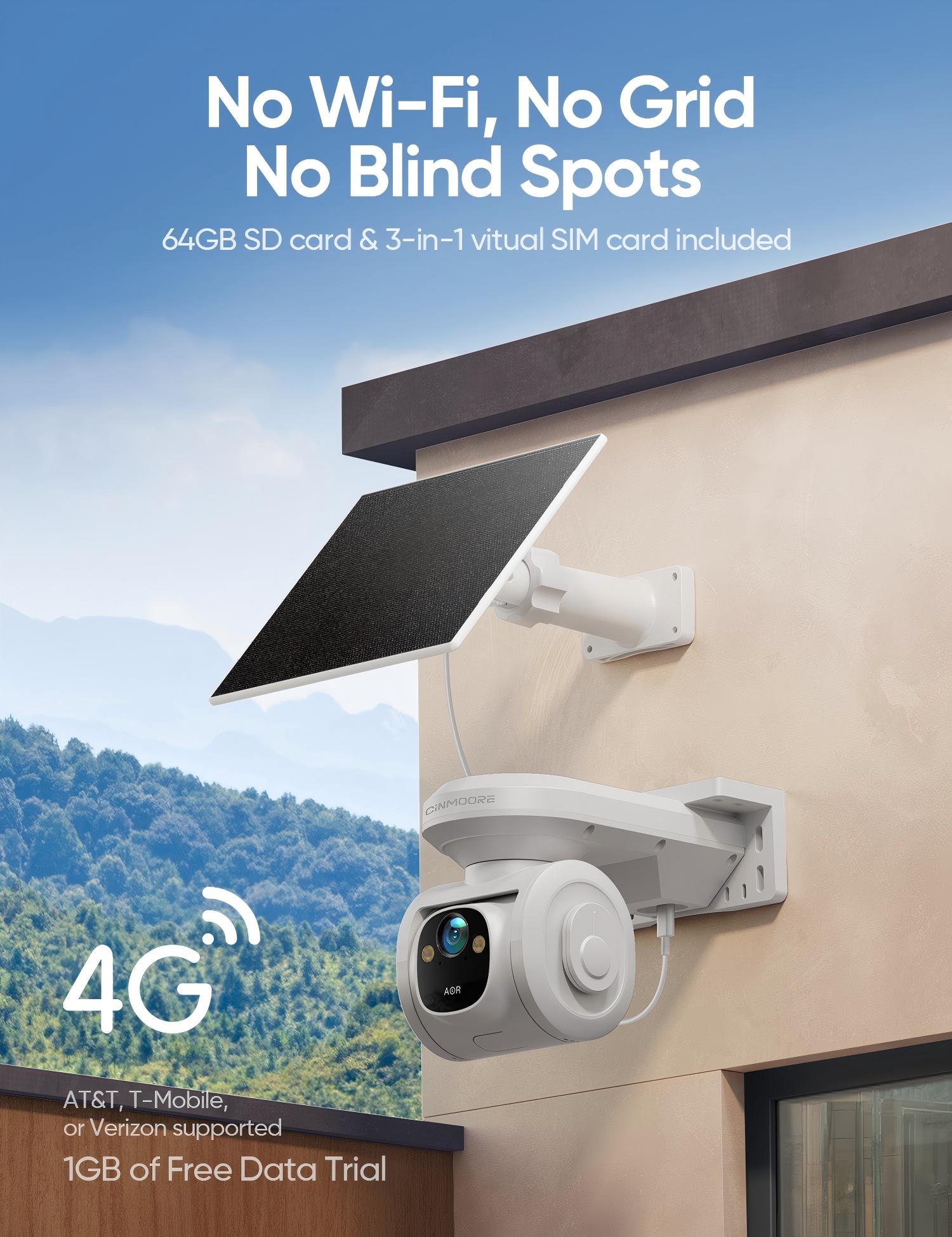 Solar 4G AOR Camera w/ 3-in-1 SIM & 64GB include, Always Video, Always Record