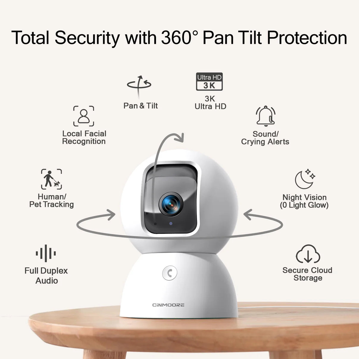 Cinmoore C2U 5GHz Security Camera Indoor - 3K Pet & Baby Monitor with Auto-Tracking, Privacy Shield & Two-Way Audio