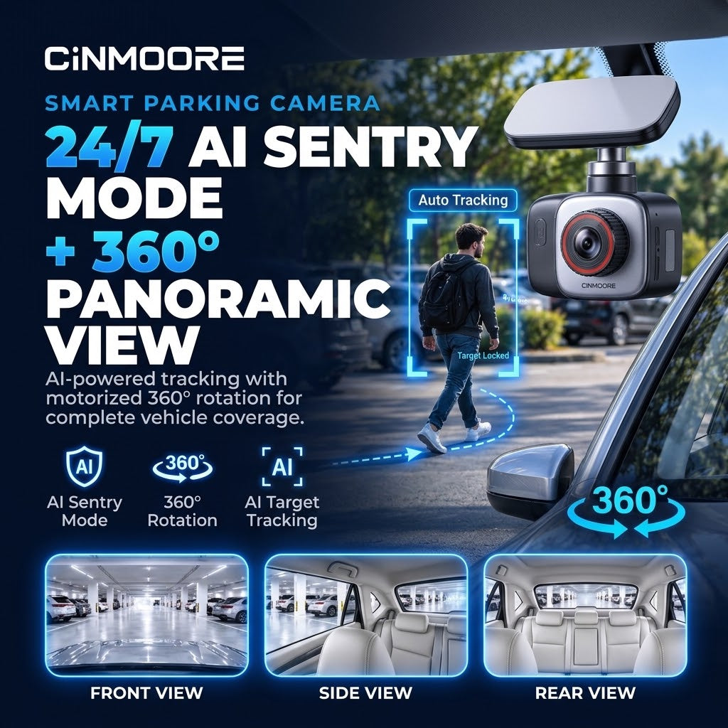 CINMOORE DC1U – 4G Sentry Parking Dash Cam (360° Motorized Pan, Triple AI Detection, 2800 mAh Wide-Temp Battery, On-Board GPS & Two-Way Audio)