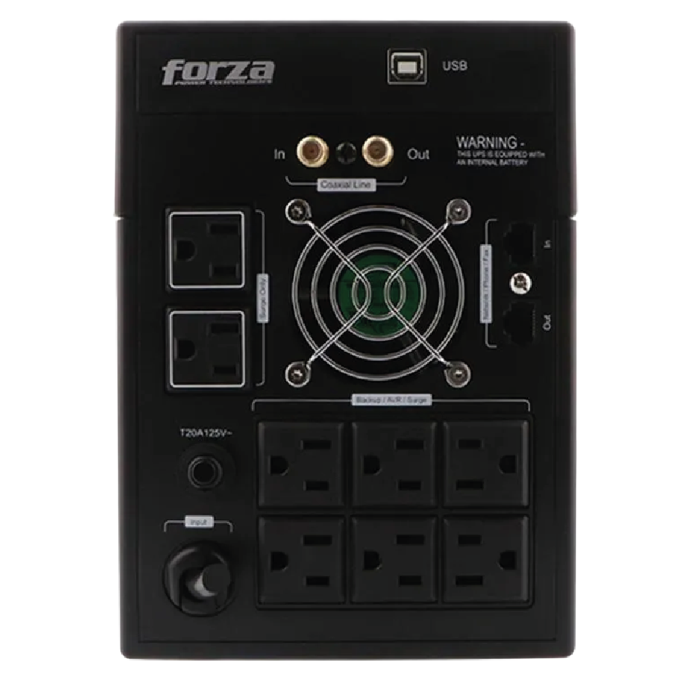 Forza Smart Interactive UPS 1500VA / 840W 110V/120V (Boost & Buck AVR, 8 NEMA 5-15R Outlets, Interactive LCD Display, USB Port, Coaxial/Network Surge Protection, 2× 12V 9Ah, Tower Black)
