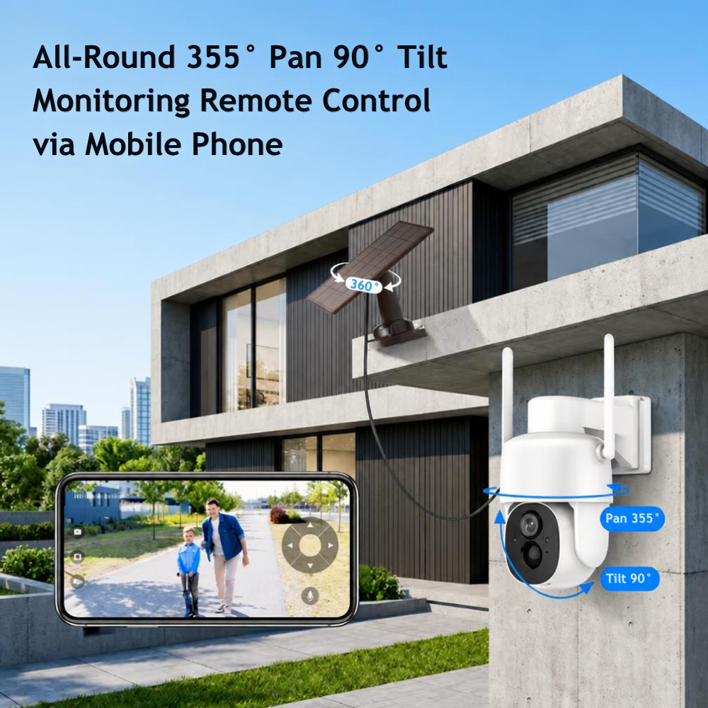 outdoor PTZ security camera installed for remote monitoring with solar-powered operation and wide-area coverage