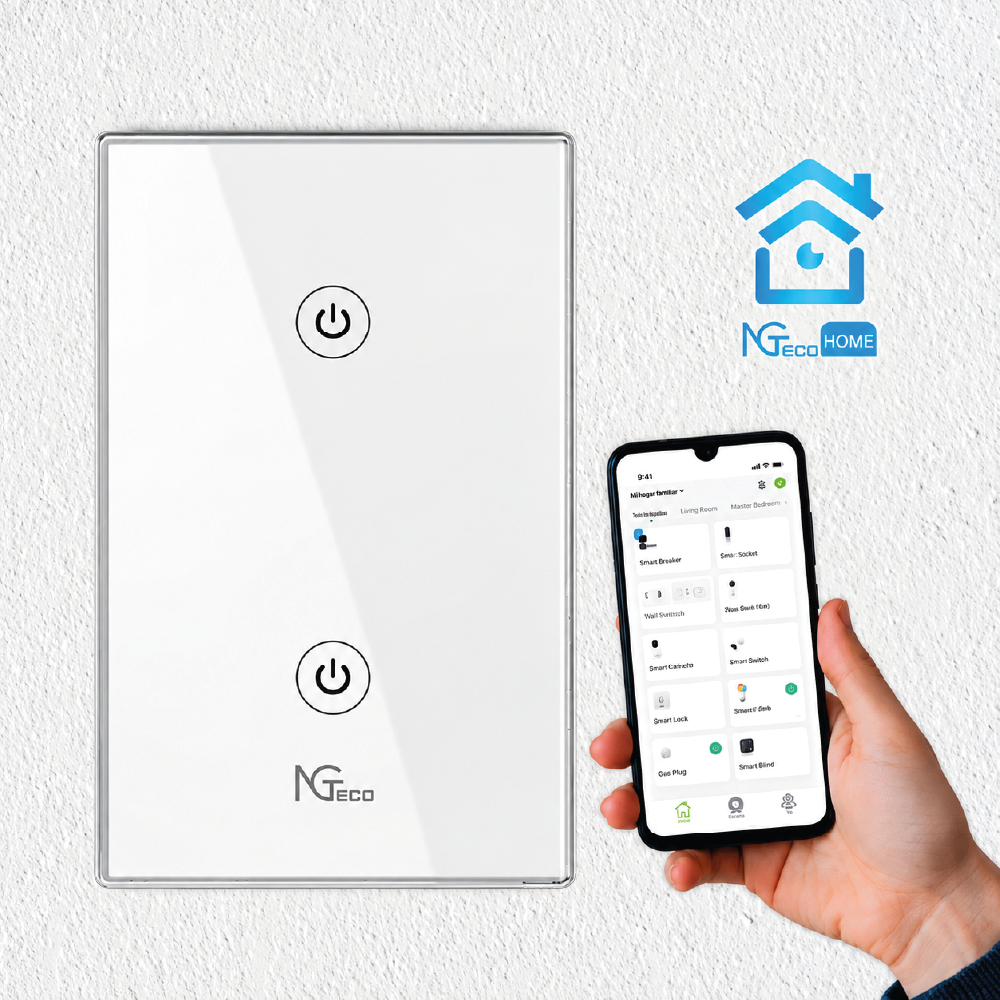 NG-S102 – Smart Touch Light Switch 2-Gang Wi-Fi 2.4GHz (100–240V AC, 10A Total / 600W per Gang, Neutral + Live Wire Required, Dual Capacitive Touch Panel with LED Indicators, App & Voice Control, Fire-Retardant PC, White)