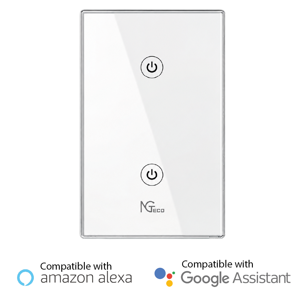 NG-S102 – Smart Touch Light Switch 2-Gang Wi-Fi 2.4GHz (100–240V AC, 10A Total / 600W per Gang, Neutral + Live Wire Required, Dual Capacitive Touch Panel with LED Indicators, App & Voice Control, Fire-Retardant PC, White)