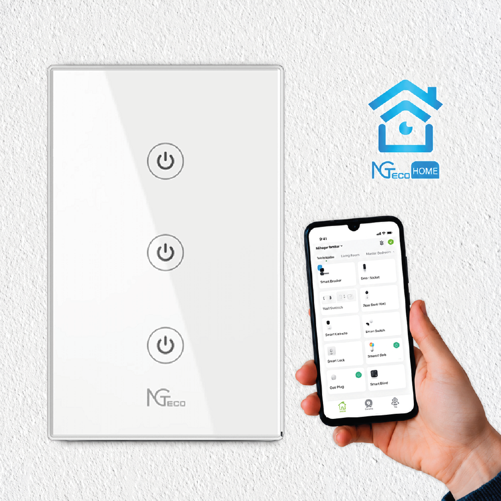 NG-S103 – Smart Touch Light Switch 3-Gang Wi-Fi 2.4GHz (100–240V AC, 10A Total / 600W per Gang, Neutral + Live Wire Required, Triple Capacitive Touch Panel with LED Indicators, App & Voice Control, Fire-Retardant PC, White)
