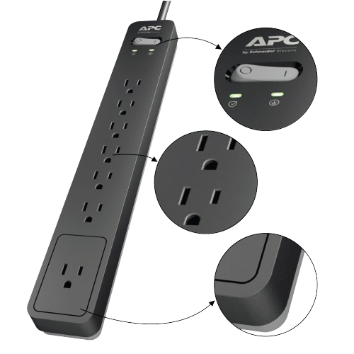 APC Essential SurgeArrest 7-Outlet Power Surge Protector (1440 Joules, 15A 120V AC, 6ft / 1.8m Cord, Protection Working LED, Transformer-Spaced Outlets, Wall Mountable, Black)