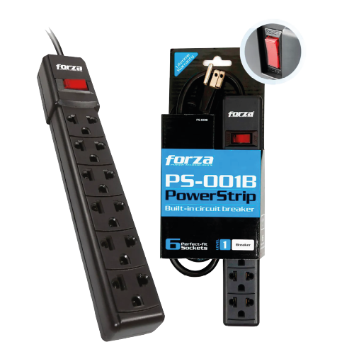 PS-001B – 6-Outlet Universal Power Strip 120V–220V AC (10A / 1200W–2200W, Overload Protection Circuit Breaker, Fire-Retardant Casing, Wall Mountable, Black)