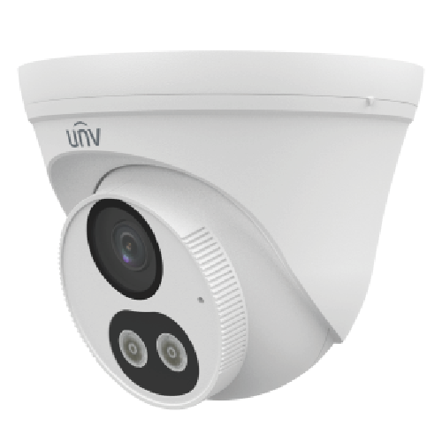 Side profile of the Uniview UAC-T142-AF28M-DL turret camera, showcasing the adjustable mounting base and rugged IP67-rated white housing for wall or ceiling installation.