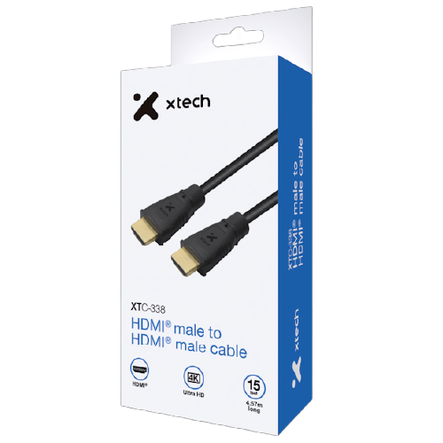 XTC-338 – High-Speed HDMI Cable 4.5m (15ft) Male-to-Male (4K Ultra HD, 1080p Full HD, Audio Return Channel ARC, Gold-Plated Connectors, Round PVC Jacket)