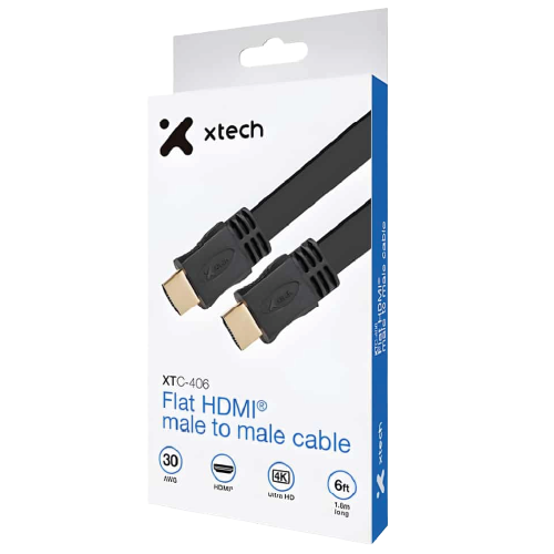 XTC-406 – High-Speed Flat HDMI Cable 1.8m (6ft) Male-to-Male (4K Ultra HD, 1080p, 3D, Audio Return Channel ARC, Gold-Plated Connectors, Anti-Tangle Tangle-Free Design)