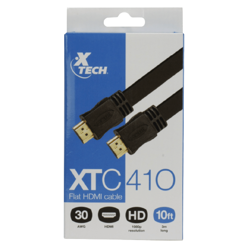 XTC-410 – High-Speed Flat HDMI Cable 3.0m (10ft) Male-to-Male (4K Ultra HD, 1080p Full HD, Audio Return Channel ARC, Gold-Plated Connectors, Anti-Tangle Tangle-Free Design)