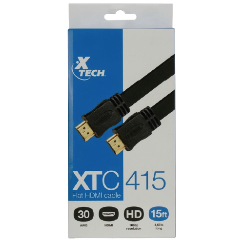 XTC-415 – High-Speed Flat HDMI Cable 4.5m (15ft) Male-to-Male (4K Ultra HD, 1080p Full HD, Audio Return Channel ARC, Gold-Plated Connectors, Anti-Tangle Ribbon Profile)