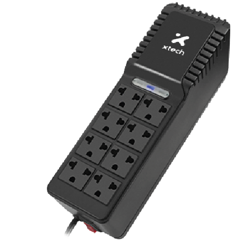 Xtech XTR-1002 automatic voltage regulator 1000VA 500W showing 8 universal outlets, LED indicators, and black fire-retardant housing