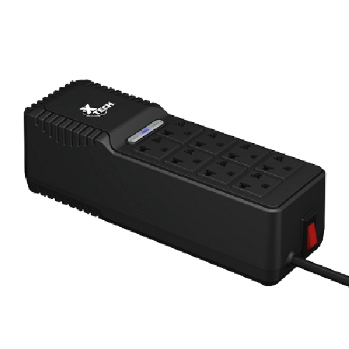 Side perspective view of Xtech XTR-1002 1000VA voltage regulator displaying red illuminated power switch, ventilation slots, and compact black profile.